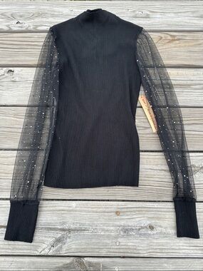 Almost Famous Black Ribbed Mock Neck Top with Sheer Polka-Dot Sleeves